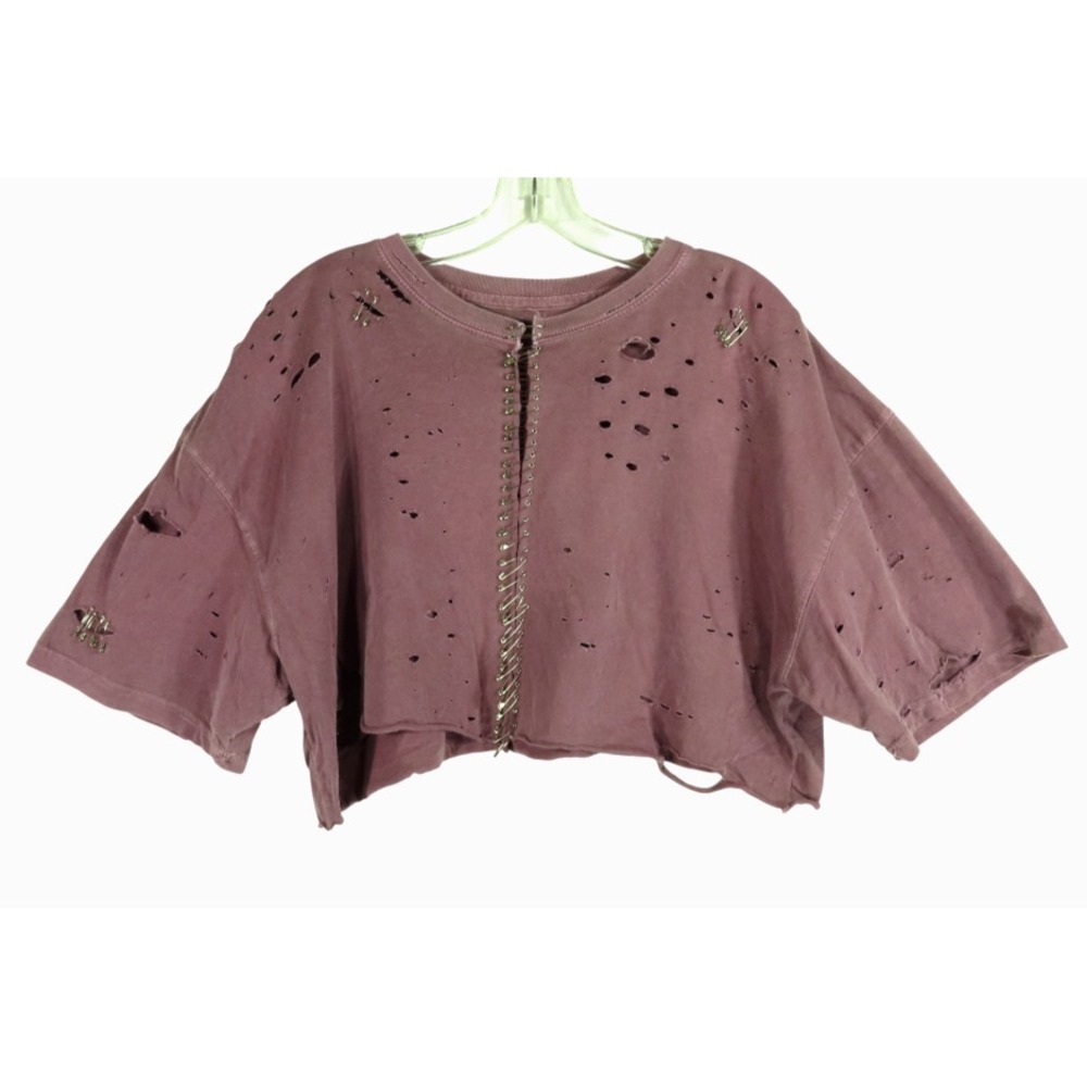 SKULL HOUSE Faded Purple CROPPED T-SHIRT TOP Shredded w/Safety Pins Cut-Off XL